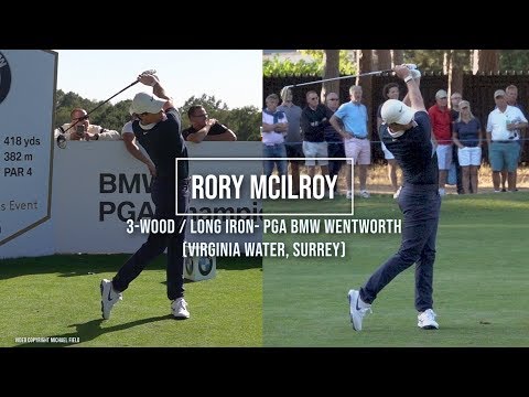 Rory McIlroy Golf Swing 3 wood & Long Iron (front view), BMW PGA Wentworth, (Surrey) September 2019.